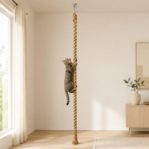 AquaLume Extra Long 7.9Ft Jute Rope Cat Wall Climber - Heavy Duty Wall Mounted Cat Climbing Pole with Secure Hooks, Indoor/Outdoor Furniture for Active