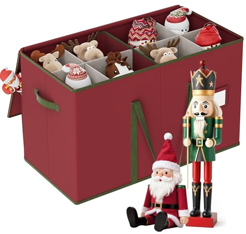 XIVIRACK Caja para guardar figuras navideñas de 38 cm y cascanueces. Organizador de decoración navideña , 8 ranuras y 2 bolsillos, cremalleras dobles, tela Oxford 600D, 63 x 31 x 38 cm,Rojo