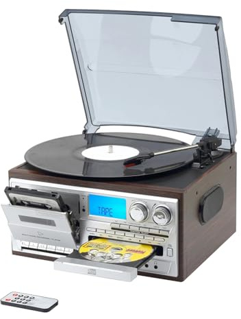 Harewtwy Tocadiscos Multifunción de Vinilo Retro de 3 Velocidades con Radio Am/FM, CD/Casete y Enchufe Europeo.
