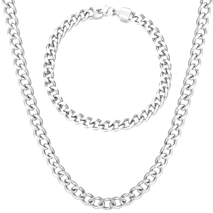 Kim Johanson® Edelstahl Herren Panzerkette Set in Silber | Armband und Halskette | Breite Kette für Männer | Wasserfest | Dicke Armkette | Verschiedene Längen | 6mm Breit | Massive Silberkette