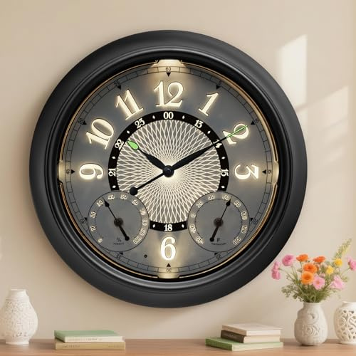 Pytha Sight Illuminated Large Metal Outdoor Clocks Waterproof 18 Inches With AI Auto Light Smart Sensor,Extra Big Indoor Outdoor Wall Clocks With Thermometer & Hygrometer for Patio, Pool, Garden,Porch | 18 Inch Large Outdoor Wall Clock Waterproof with Auto Light Smart Sensor,Thermometer & Hygrometer for Patio,Pool,Garden,Porch