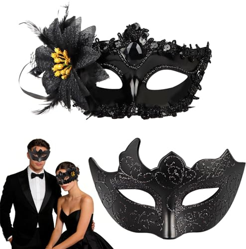 Huanmin 2 Stück Venezianische Masken für Paare, Venezianische-Masken, Maskerade Masken Set Schwarz, Maskenball Maske Damen Herren, Augenmaske Sexy Faschingsmasken für Karneval Halloween Maskenball