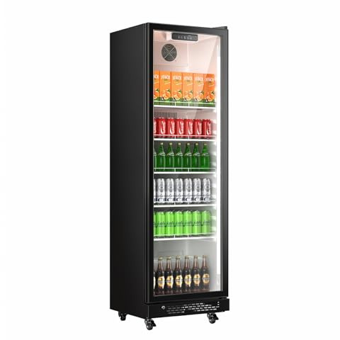 Upstreman 307L Getränkekühlschrank mit Glastür, Bierkühlschrank mit LED-Beleuchtung & höhenverstellbaren Regalen, Sicherheitsschloss, arretierbaren Lenkrollen, D307 Schwarz