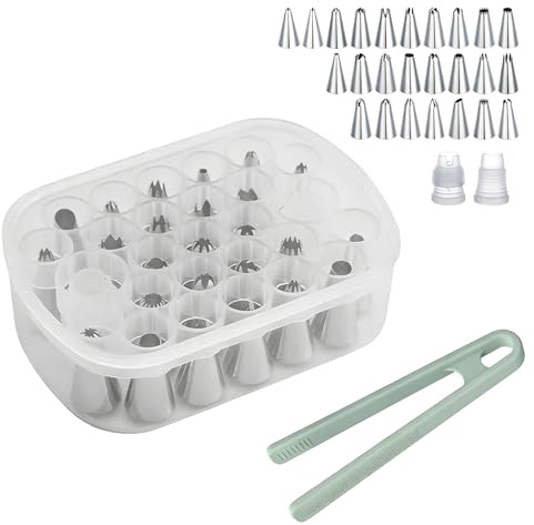 Cake Decorating Supplies Set - 27 Grids Storage Box with 25 Stainless Steel Piping Tips, 2 Adapters & Silicone Mini Tongs | Complete Baking Nozzle Organizer Kit
