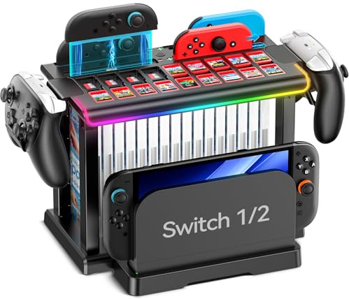 Switch 2/1/OLED RGB Organizer Station with Controller Charging Dock, Switch Storage Stand, Joycon 1/2 Charger, Gaming Accessories Holds TV Dock, 16 Game Cases, 18 Game Cards, and 2 Pro Controllers