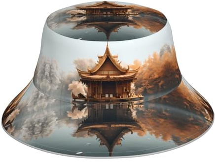 YYHWHJDE Small Pavilion on The Lake Prints Reflective Bucket Hat Foldable Reversible for Travel, Camping, and Outdoor Activities Black