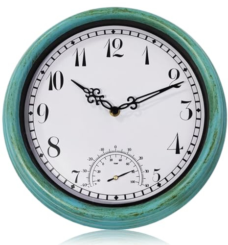 Horloge murale d'extérieur, horloge extérieure étanche de 12 pouces, horloges rétro vintage avec thermomètre, horloges à piles sans tic-tac pour patio piscine porche jardin, décoration de la maison