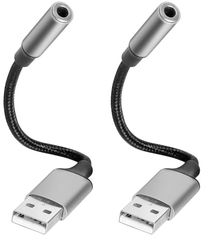 USB till 3,5 mm ljudadapter för uttag – 2 stycken USB-ljudadaptrar för hörlurar, PC, PS4, bärbar dator – Hi-Fi-ljudeffekt, plug and play – Kompatibel med TRRS-headset, mikrofon och AUX-enheter
