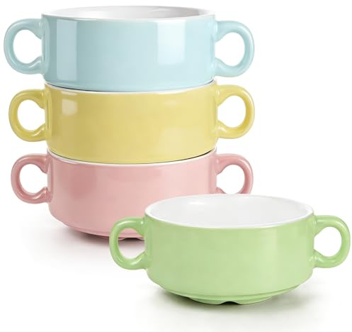 Ramekins Set of 4, Porcelain Soup Bowls with Double Handle (color)