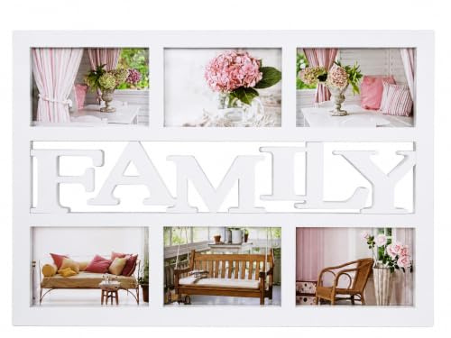 Marco Multifotos -Portafotos Múltiple Decorativo de Pared -Collage FAMILY Blanco para 6 Fotos 10x15 -Marco de Fotos Moderno para Salón,Dormitorio Oficina-Regalo Familiar-Cuadro Ideal para Regalo.