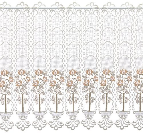 Plauener Spitze Original Gardine, Scheibengardine für Stangendurchzug, hochwertige Stickerei in Guipure Spitze, Höhe 62 cm, Breite 144 cm, Farben: Creme & Beige & Lachs