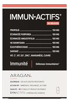 Immunactifs - Complement Alimentaire Immunité - Huile Essentielle Ravintsara, Vitamine C, Propolis, Zinc, Cuivre - Aragan - 30 Gélules