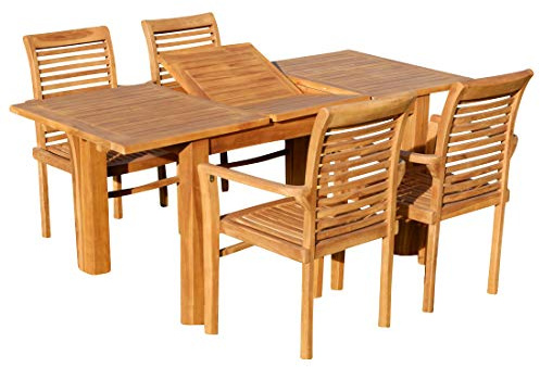 ASS Teak Set: Gartengarnitur Bigfuss Ausziehtisch 130-180 x 80cm mit 4 Alpen Sessel Holz Serie JAV