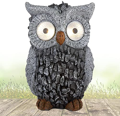 Lampada Solare per Esterni LED - Decorazione da Giardino Moderna Effetto Pietra - Statuetta Gufo - Lampada da Esterno in Piedi Grigio - Altezza 19 cm