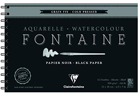 Clairefontaine 975310C - Malblock Fontaine mit Spiralbindung mit 12 Blatt, feine Körnung 300g 12x18cm, Schwarz