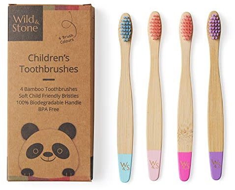 Wild & Stone | Organic Children's Bamboo Toothbrush | 4 Pack | Soft Fibre Bristles | 100% Biodegradable Handle | BPA Free | Vegan Eco Friendly Kids Toothbrushes (Candy)