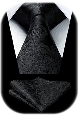 HISDERN Herren Paisley Schwarze Krawatte Taschentuch Hochzeit Krawatte mit Einstecktuch Set Schlips Einfarbig Black Tie