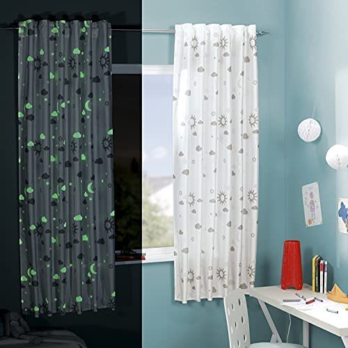 Delindo Lifestyle Fluoreszierende Kinderzimmer Gardine Magic, 140x175 cm, 1 Stück, verdeckte Schlaufen oder Kräuselband, moderner weißer blickdichter Fenstervorhang für Mädchen und Jungen