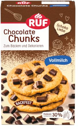 RUF Chocolate Chunks Vollmilch, backfeste Schokoladen-Tropfen, XXL Schoko-Drops zum Backen, Schoko-Stücke für Muffins & Brownies, glutenfrei, 1 x 100g