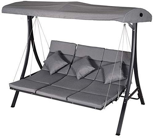 Outsunny Dondolo da Giardino a 3 Posti, Dondolo da Esterno con Chaise Longue e Tetto Regolabile, Nero e Grigio, 200 x 115 x 168 cm
