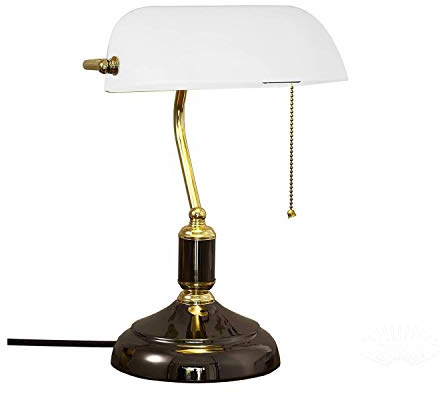 ACMHNC Lampe De Bureau De Banquier Blanc Avec Interrupteur, Traditionnelle Lampe De Table Chambre Vintage Avec Abat-Jour Verre Réglable, Nostalgia E27 Lampe De Chevet Finition Noir-Or, Max.40W