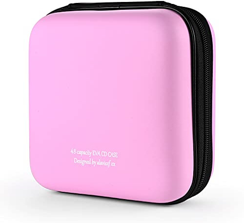 KUOCDSIK CD Tasche, 48 Kapazität Hart Eva Blu-ray CD-Brieftasche Doppelreißverschluss Handschlaufe Tragbare Disc Organizer DVD Hülle für Autofahrten (48 Kapazität, Rosa48)