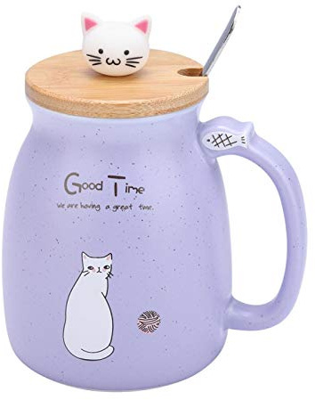Birthday Gifts for Women, Cat Mug Cute Ceramic Coffee Cup with Lovely Kitty lid Stainless Steel Spoon, 420ML Handmade Mugs for Christmas,Mothersday,Valentines(Purple)