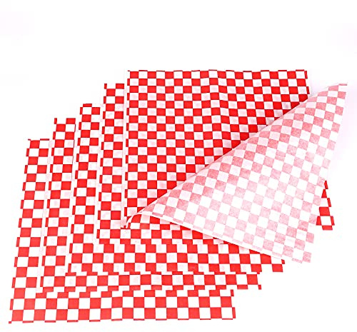SAVITA 100 Sheets 11 x 10 Squares Deli Wrap Paper Disposable Food Basket Liners Greaseproof Food Grade Wrapping Paper for Food Burger Sandwich Picnic Plastic Coat (Red Chequered)