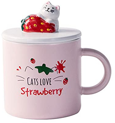 Tazze e tazzine da caffè Tazze da tè Tazza di gatto carino per caffè o tè 13,5 oz tazza di ceramica per amanti del gatto con gatto tridimensionale e coperchio decorativo della fragola Best regali per