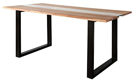 SAM Esstisch 175 x 90 cm Klaus, Baumkantentisch mit Glaseinsatz, Akazienholz massiv & stonefarben, schwarzes U-Gestell aus Eisen, Esszimmertisch mit echter Baumkante, Industrial-Design