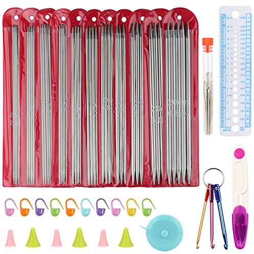 Coopay Set di ferri da maglia in metallo, 2,0-6,5 mm, in acciaio inox, a doppia punta, con accessori per lavori a maglia, set da 55 ferri da maglia e strumenti, 20 cm, per calzini e piccoli progetti