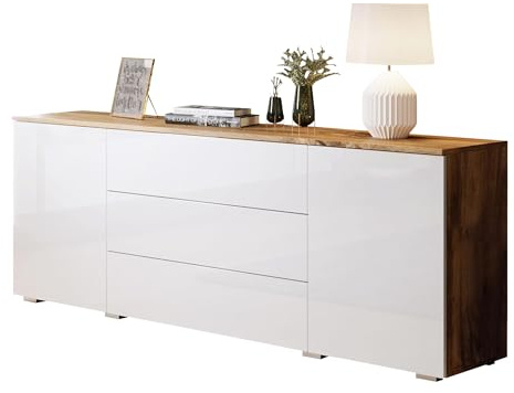 Bevrato 150 Commode avec 3 tiroirs et 2 portes, buffet, buffet, largeur : 150 x 68 x 39 cm, haut et multi-usages pour salon (blanc brillant)