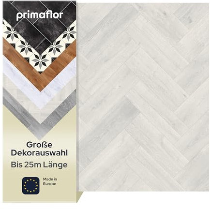 Primaflor Revêtement de sol en PVC - TURIN, Blanc à Chevrons 009S, 2,00m x 8,00m, Sol Vinyle au Mètre, PVC Imitant le Bois pour Cuisine, Salle de bains, Salon