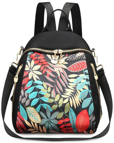 FORRICA Sac à Dos Femme Petit Mode Sac à Main Sac a Dos 2 en 1 Dames Sac à Bandouliere Multipoches Étanche Nylon Daypack pour Voyage Travail Scolaire Shopping Feuille D'érable