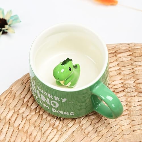 DIKARIYA Dino Tasse 3D Tier Tassen, 350ML Dinosaurier Keramik Kaffeetasse Teetassen Lustige Handgemachte Tasse, Morgen-Schale für Kaffee Tee Milch Geschenke Valentinstag für Frauen Kollegen Freunde