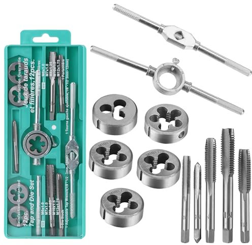 12 Teilig Gewindeschneidsatz Metrisch Hochwertigem Legiertem Stahl Gewindeschneider und Bohrer Set Gewindeschneid Satz Metrisch mit Schraubenschlüssel für Innengewinde Außengewinde