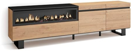 Skraut Home | Meuble TV | Banc Télé | Grand Espace de Rangement | 200x57x35cm | pour Les TV jusqu'à 80 | Cheminée électrique | Design Industriel | Style Moderne | Chêne et Noir