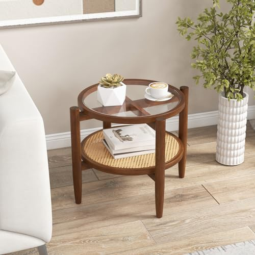 GIANTEX Runder Beistelltisch aus Akazienholz mit Glasplatte | Couchtisch ø 56 cm, Nachttisch Sofatisch mit Rattan Ablage, Kaffeetisch Telefontisch Wohnzimmertisch Braun 56 x 56 x 46 cm