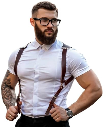 BaronHong PU Leather Renaissance Suspenders,Vintage Men's Back Support Harness,Metal Hooks for Men,Steampunk,Handmade(brown,M)