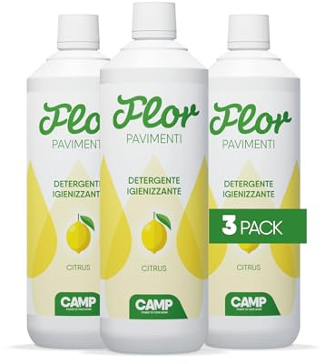 ‎CAMP FLOR CITRUS, detergente igienizzante concentrato adatto per tutti i tipi di pavimenti; gradevole fragranza agrumata, 3x1000 ml, 3x1L