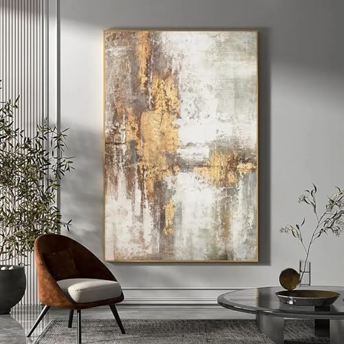 BIEMBI Großes abstraktes Ölgemälde in Beige-Gold-Grau für Wohnzimmer, große Gemälde mit Goldrahmen, fertig zum Aufhängen, skandinavische Wandkunst, 70 x 100 cm, Rahmen