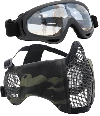 Yzpacc Airsoft Mask with Goggles, Foldable Half Face Airsoft Mesh Mask with Ear Protection for Paintball Shooting Cosplay CS Game