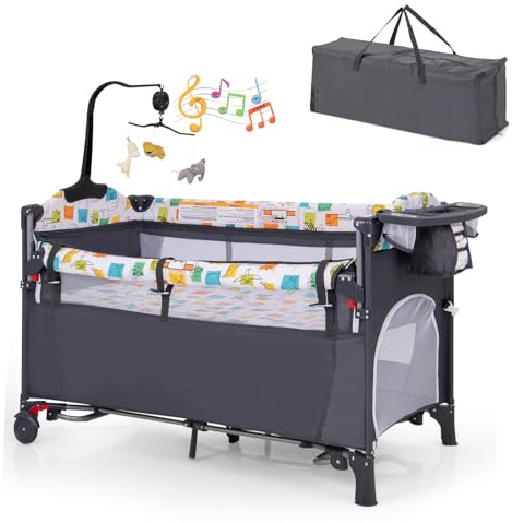 DREAMADE 5 in 1 Reisebett Baby, 120 x 60cm Beistellbett mit Matratze & Wickeltisch, Spieluhr & Spielzeug, höhenverstellbares Babybett für Baby ab Geburt(Grau)