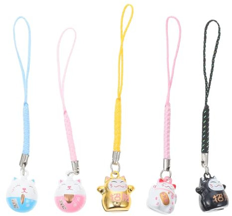 PACKOVE 5 Stück Winkende Katze Schlüsselanhänger Glückskatze Schlüsselanhänger Maneki-Katze Schlüsselanhänger mit Glocke Niedlicher Schlüsselanhänger für Handy-Geldbörse