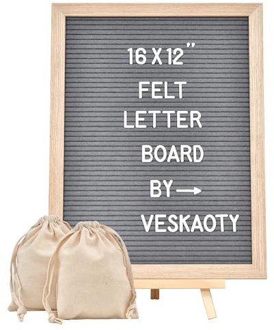 Veskaoty Felt Letter Board with 402 Letters & Stand, 12 x 16 inch, Gray | Large changeable message board with wooden frame, wall mount, 2 canvas bags, numbers, symbols, for menu & announcement sign