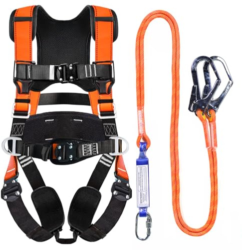 WHITEDEW Fall Protection Premium Safety Harness with Shock Absorbing Lanyard, Vented & Padded Shoulder, Legs & Back - Upgrade 4 Quick Buckles (Orange)