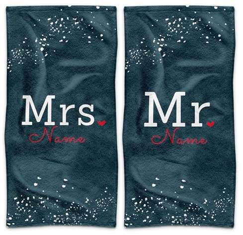 Print Royal PR Handtuch Personalisieren - 2er-Set - Mr. and Mrs. in blau - mit Name selbst gestalten - Handtuch Bedrucken, Hochzeitsgeschenke, Geschenk zur Hochzeit | Fotogeschenk - 140 x 70 cm