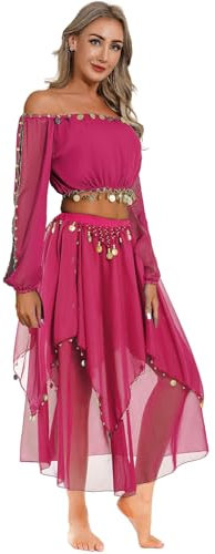 Sywiyi Damen Bauchtanz Kostüm Set Pailletten Langarm Crop Top mit Bauchtanz Rock Midi Lang Sexy Orientalische Belly Dance Kostüm Hot Pink Einheitsgröße
