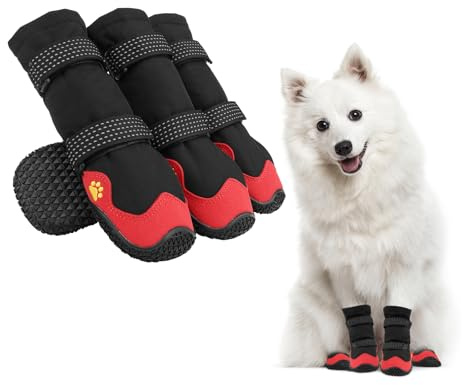 Dopoy Hundeschuhe,4 Stück Hundeschuhe Pfotenschutz, Kurzer Stil wasserdichte Hundeschuhe Mit Rutschfester Gummisohle und reflektierenden Riemen, Atmungsaktiv Hundestiefel, Dog Shoes (Schwarz&Rot, 5#)