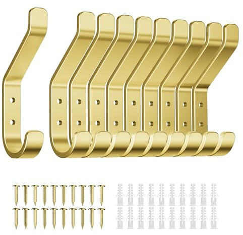 susswiff 10 Ganchos para Puerta, Acabado Dorado, Fabricados en Aluminio Premium, 10 Ganchos para Colgar Abrigos, Ganchos de Pared para Abrigos, Chaquetas y Sombreros
